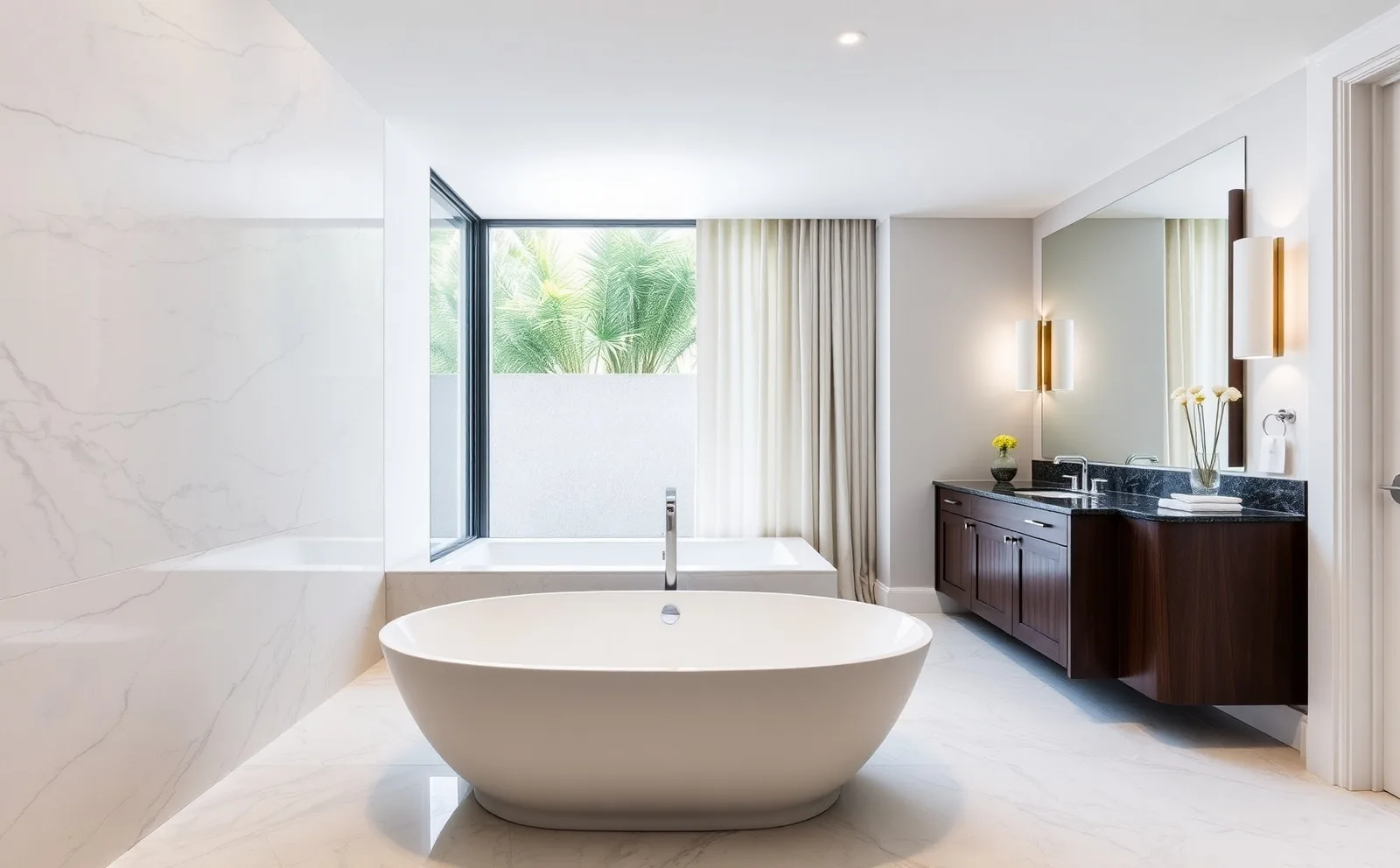 Haven bathrooms in Coral Gables, FL — large-format tile being set in a walk-in shower with linear drain