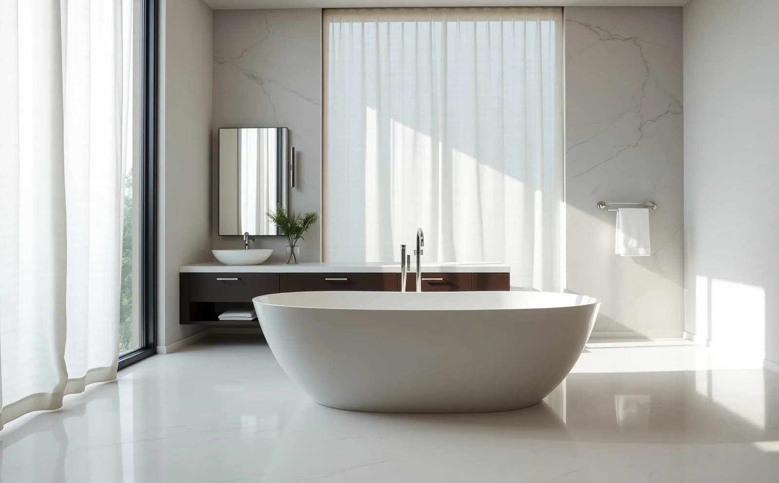 Haven bathrooms in Hialeah, FL — large-format tile being set in a walk-in shower with linear drain