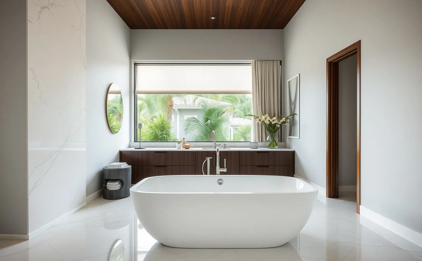 Haven bathrooms in Kendall, FL — large-format tile being set in a walk-in shower with linear drain