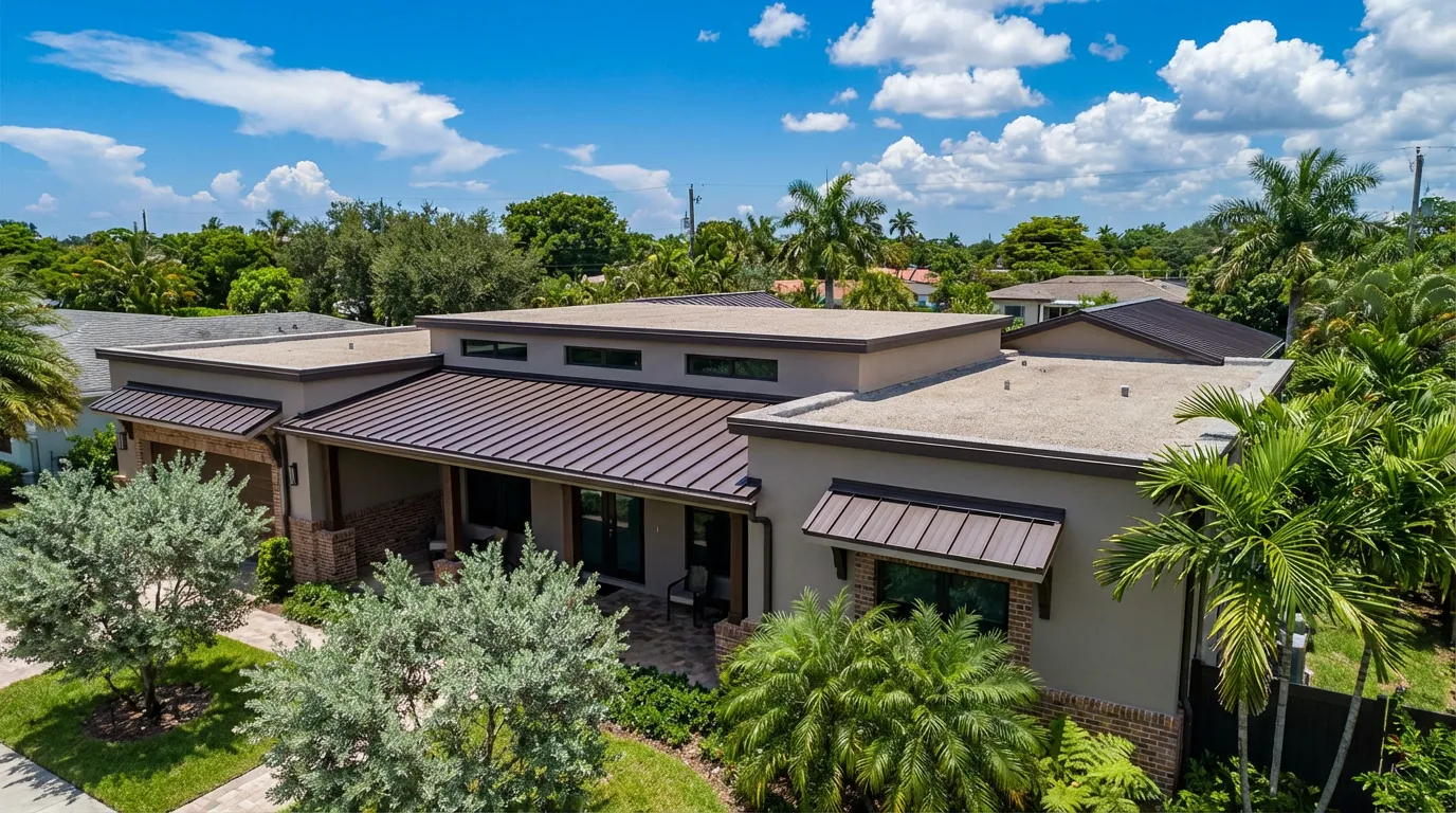 A two-ply modified bitumen membrane on a South Florida flat roof, granule-surfaced for UV protection and heat reflectivity — Haven Bathrooms & Roofing, Miami, FL