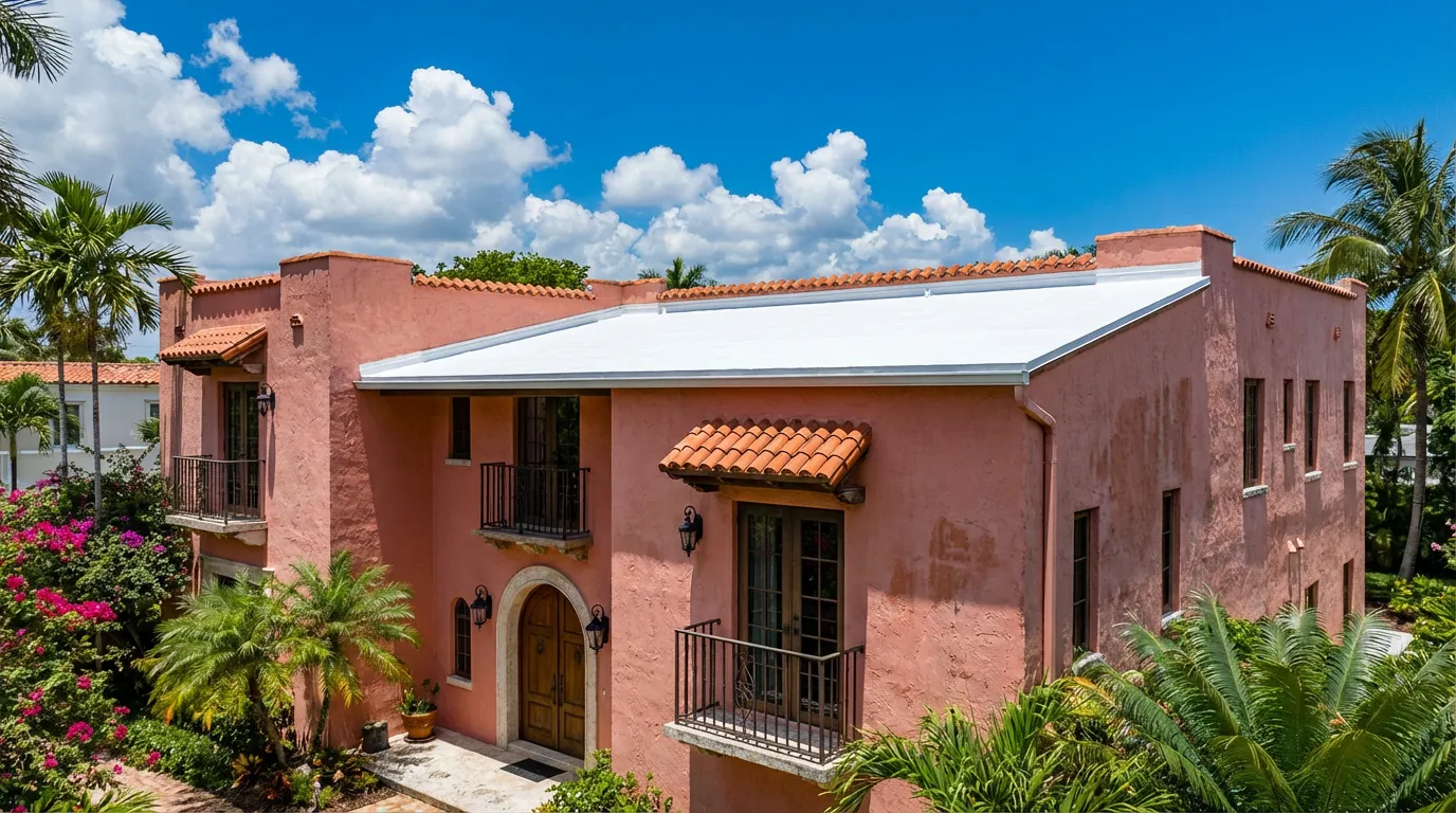 A white TPO membrane installation on a flat-roof home in Miami-Dade County — the reflective surface is a key energy-efficiency advantage in South Florida's intense sun — Haven Bathrooms & Roofing, Miami, FL