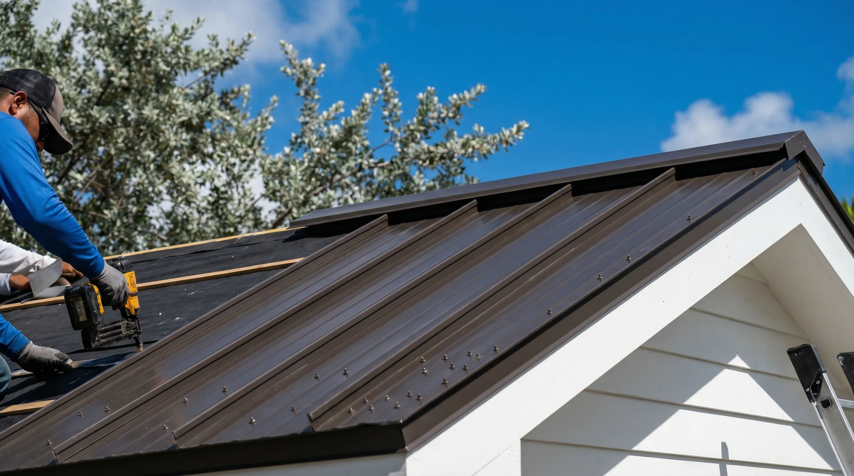 A Haven crew strips an aging shingle roof in a Doral residential neighborhood, exposing the decking for inspection before new HVHZ-compliant underlayment is installed. Roofing Services in Doral, FL — mid 1 photo by Haven in Doral, FL